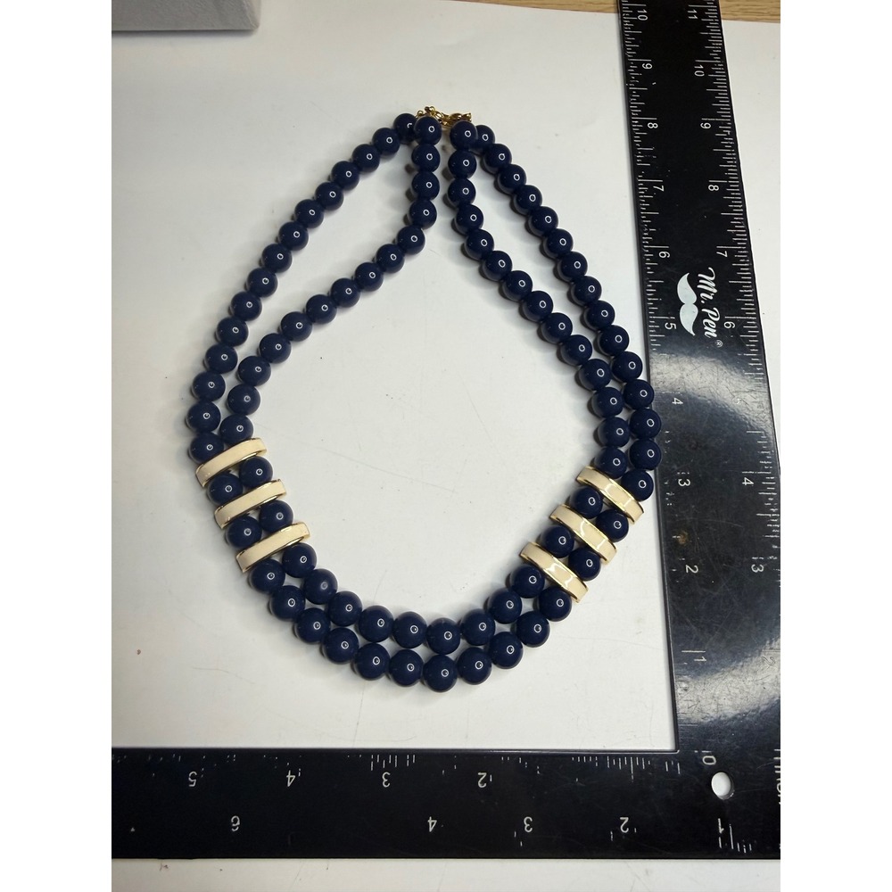 Napier Navy Blue Double Strand Beaded Necklace Cream Enamel Gold Tone Clasp